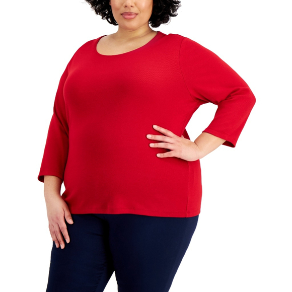 Karen Scott Plus Size 1X Red 100% Cotton 3/4 Sleeve Scoop-Neck Top NWT - Picture 1 of 4